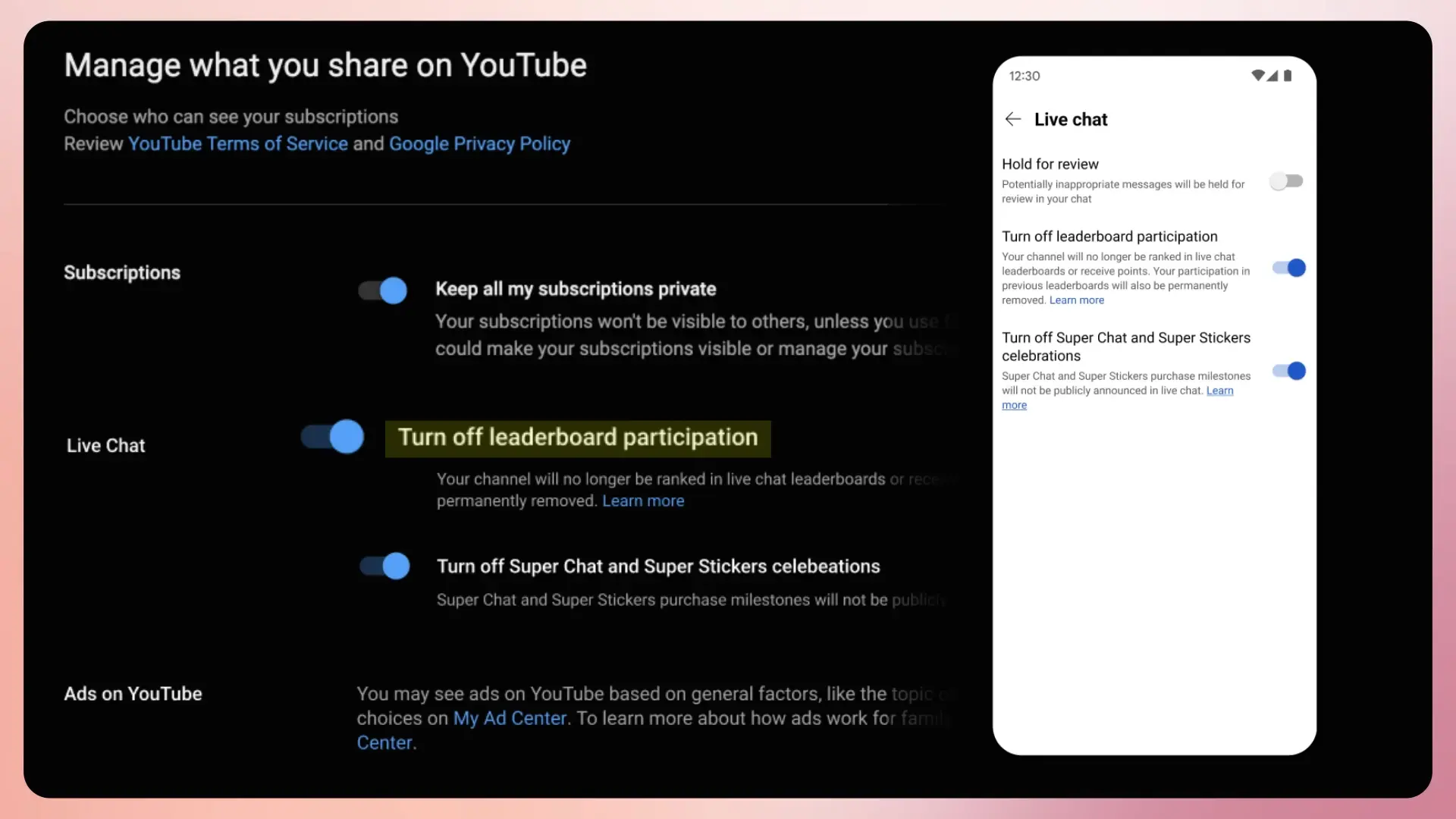 Turn off leaderboard participation on YouTube Live