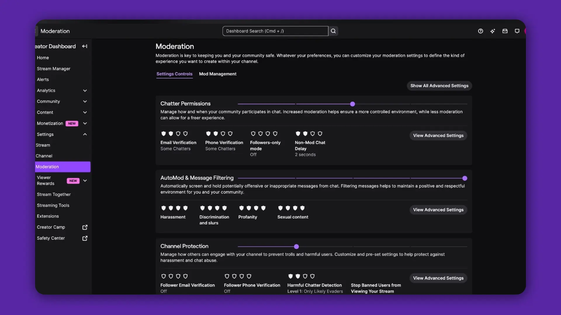 Twitch Moderation Controls Page