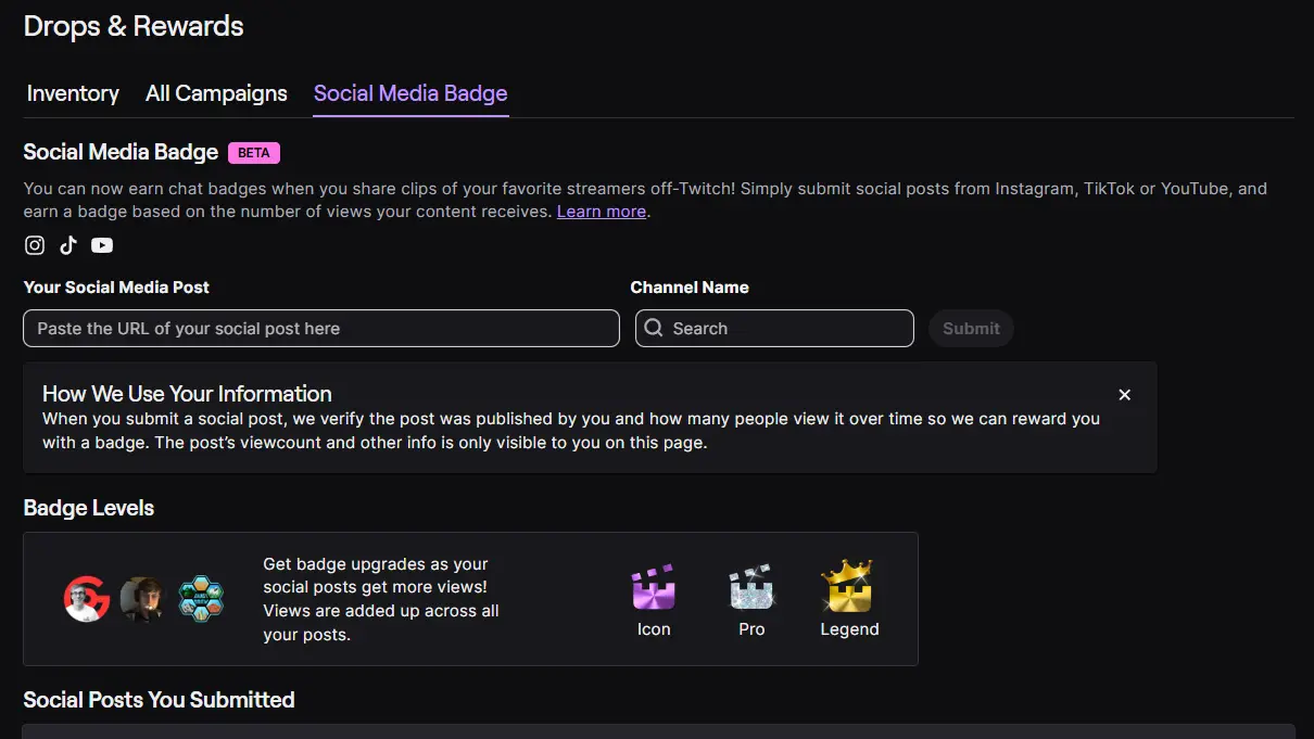 Twitch Social Badges Settings Dashboard